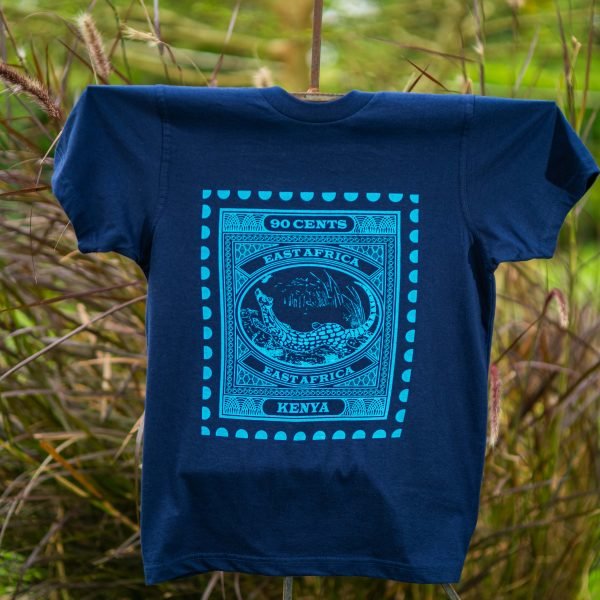 Serval Cat Light blue print on navy t-shirt