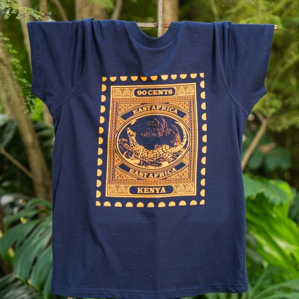 Serval Cat Orange print on navy t-shirt